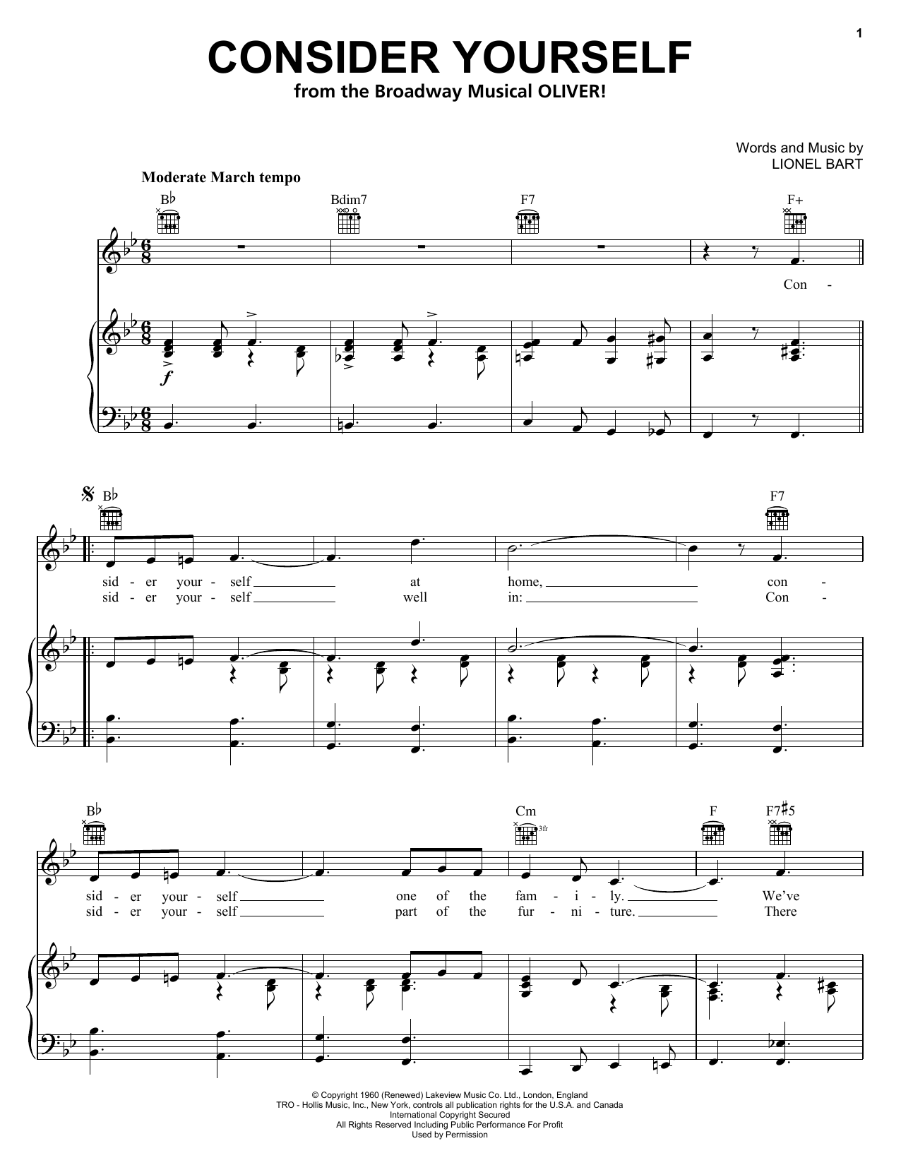 Lionel Bart Consider Yourself sheet music notes and chords arranged for Piano, Vocal & Guitar Chords (Right-Hand Melody)