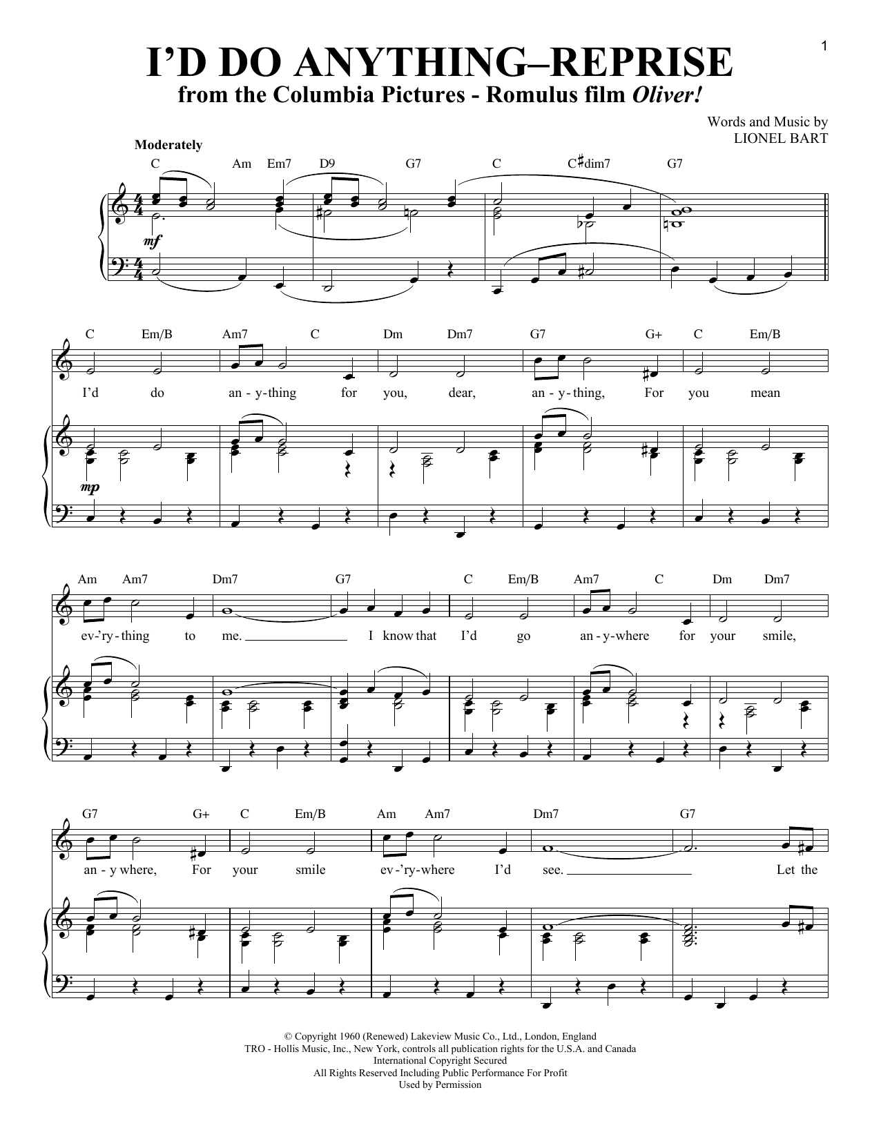 Lionel Bart I'd Do Anything - Reprise sheet music notes and chords arranged for Piano & Vocal