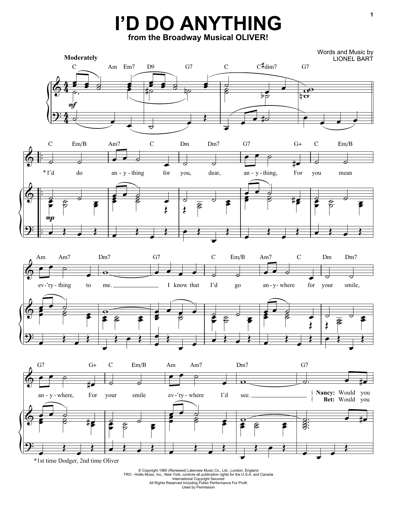 Lionel Bart I'd Do Anything sheet music notes and chords arranged for Piano, Vocal & Guitar Chords