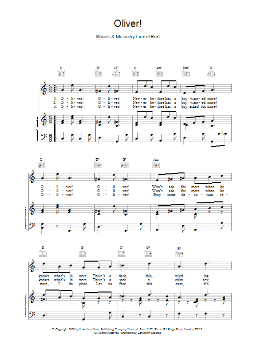 Lionel Bart Oliver! sheet music notes and chords arranged for Piano & Vocal