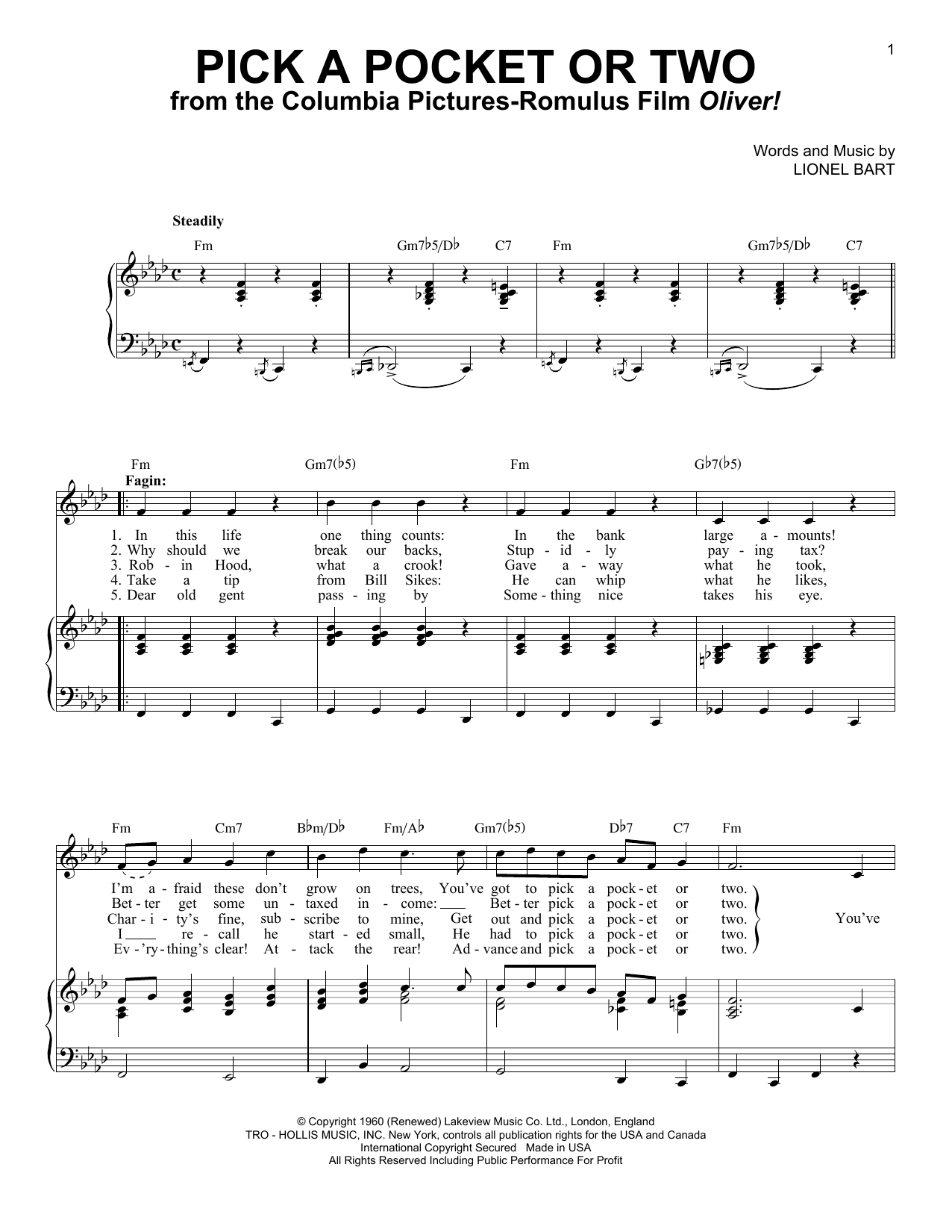 Lionel Bart Pick A Pocket Or Two sheet music notes and chords arranged for Piano & Vocal