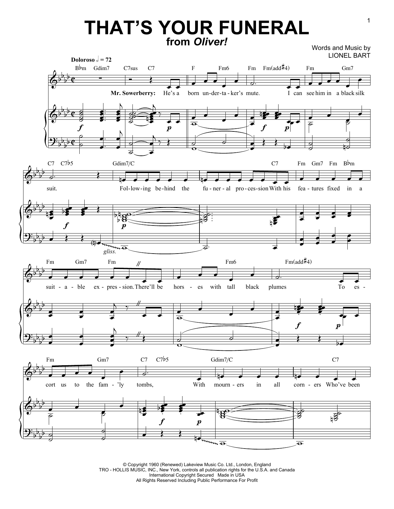Lionel Bart That's Your Funeral sheet music notes and chords arranged for Piano & Vocal