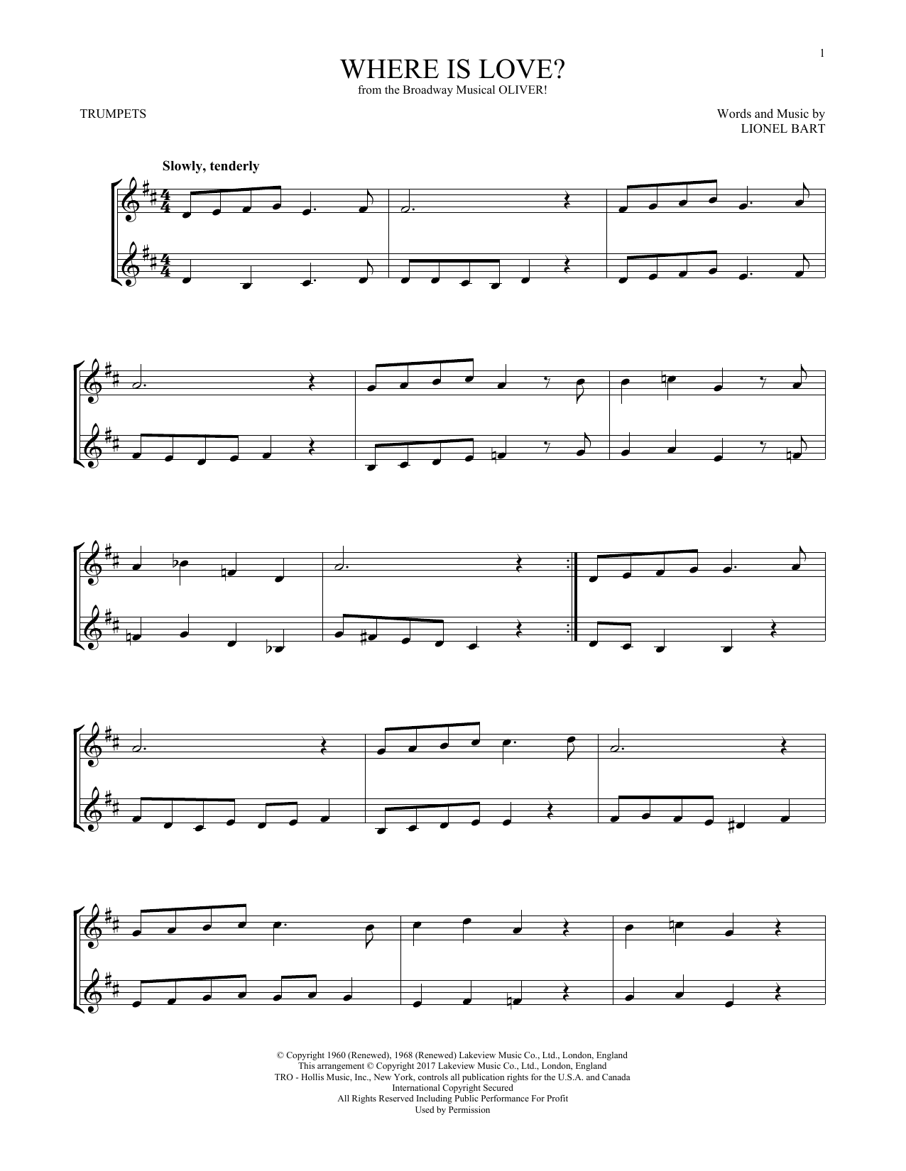 Lionel Bart Where Is Love? (from Oliver) sheet music notes and chords arranged for Violin Duet