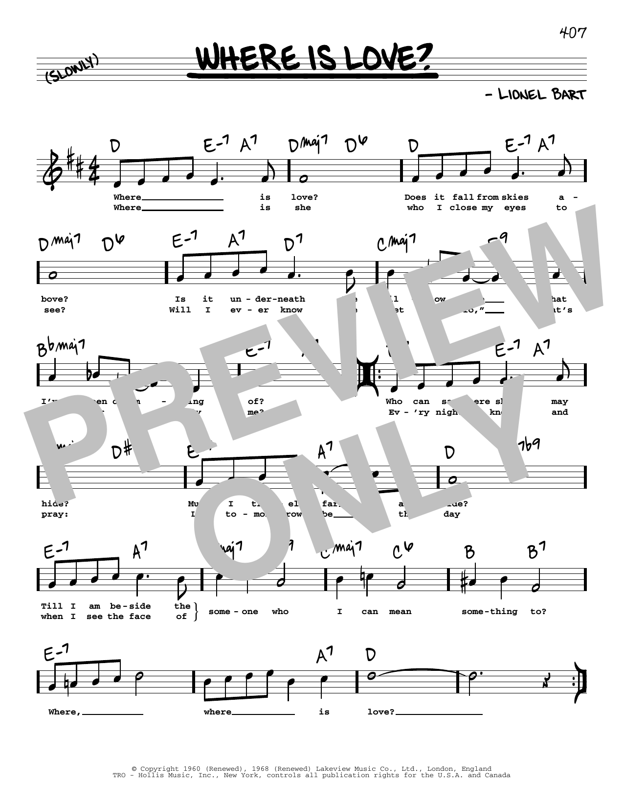 Lionel Bart Where Is Love? (High Voice) sheet music notes and chords arranged for Real Book – Melody, Lyrics & Chords