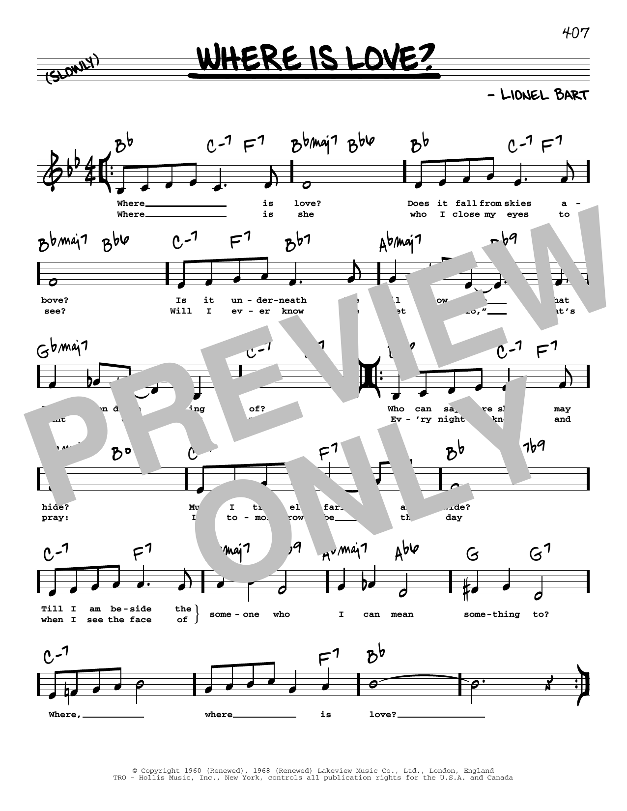 Lionel Bart Where Is Love? (Low Voice) sheet music notes and chords arranged for Real Book – Melody, Lyrics & Chords