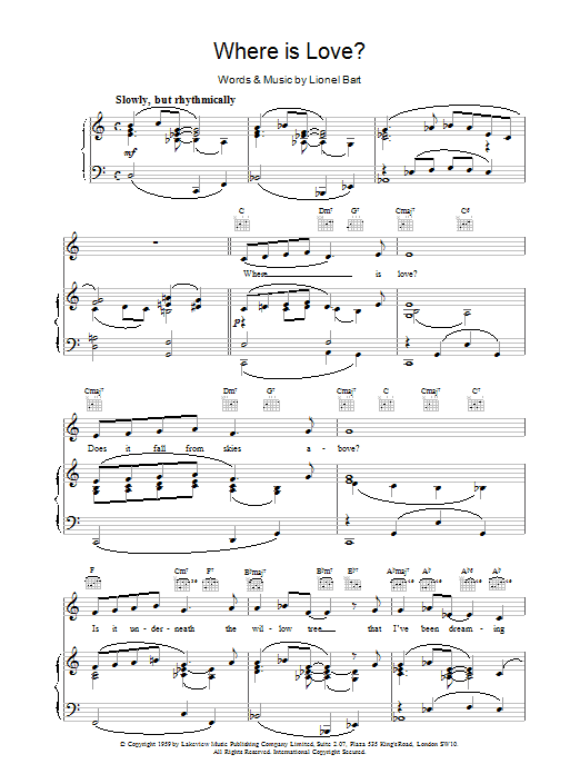 Lionel Bart Where Is Love? sheet music notes and chords arranged for Piano, Vocal & Guitar Chords