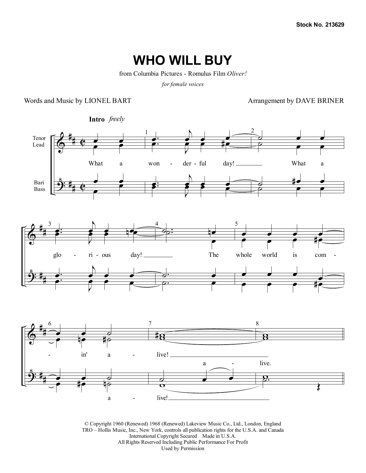 Lionel Bart Who Will Buy (from Oliver!) (arr. Dave Briner) sheet music notes and chords arranged for SSAA Choir