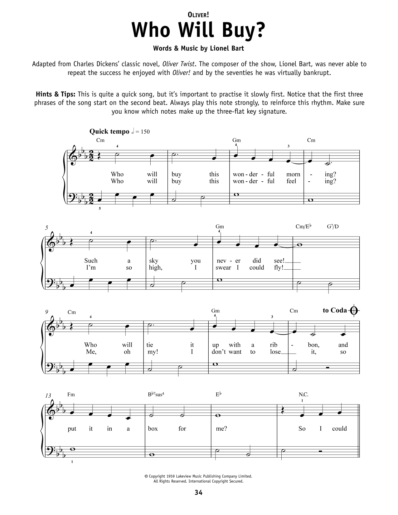 Lionel Bart Who Will Buy? (from Oliver!) sheet music notes and chords arranged for Really Easy Piano