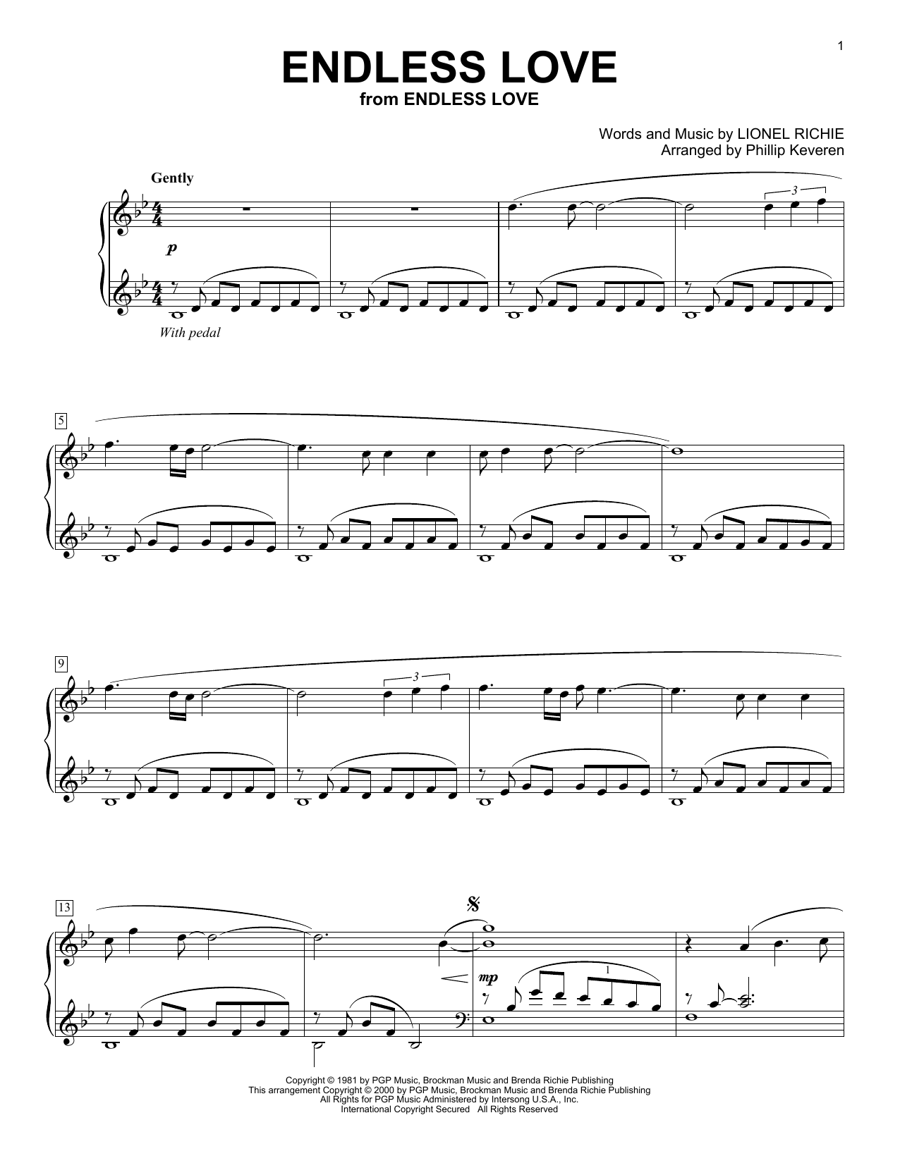 Lionel Richie & Diana Ross Endless Love (arr. Phillip Keveren) sheet music notes and chords arranged for Piano Solo
