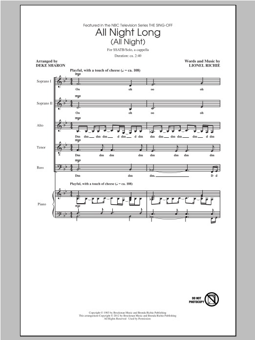 Lionel Richie All Night Long (All Night) (arr. Deke Sharon) sheet music notes and chords arranged for SSATB Choir