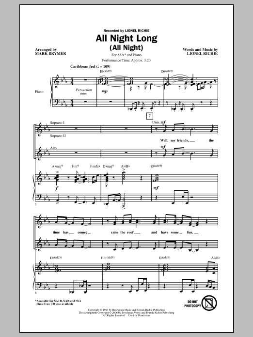 Lionel Richie All Night Long (All Night) (arr. Mark Brymer) sheet music notes and chords arranged for SAB Choir