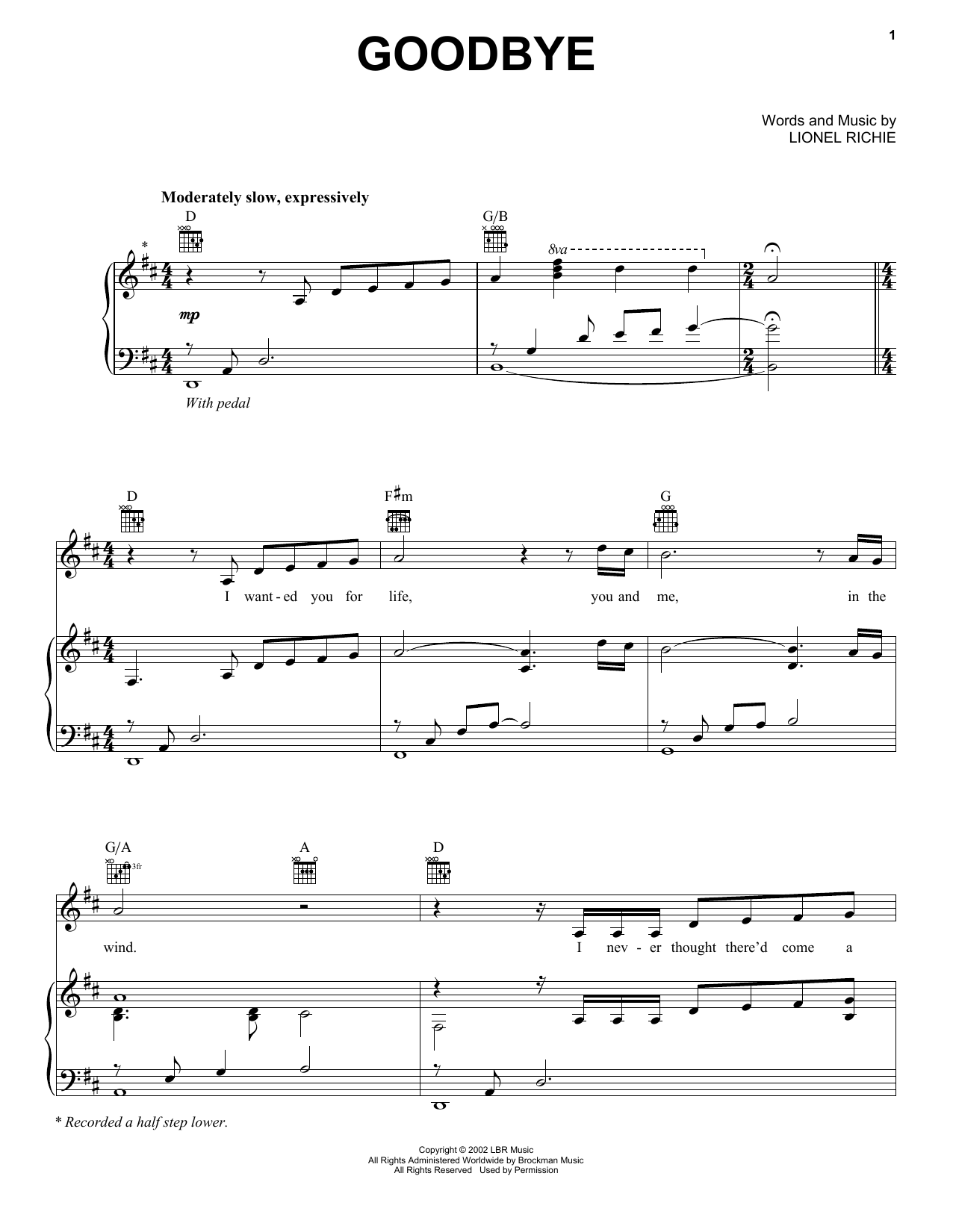 Lionel Richie Goodbye sheet music notes and chords arranged for Piano, Vocal & Guitar Chords (Right-Hand Melody)