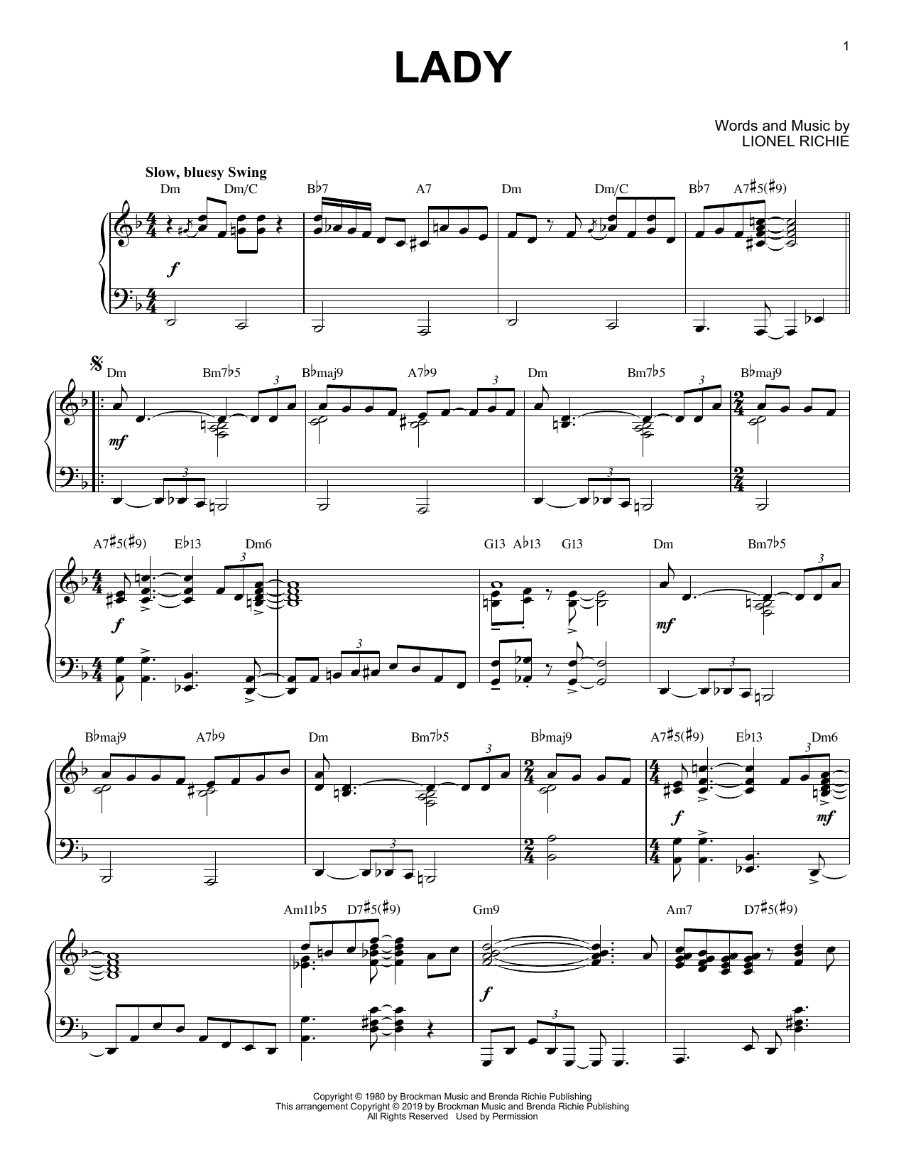 Lionel Richie Lady [Jazz version] sheet music notes and chords arranged for Piano Solo