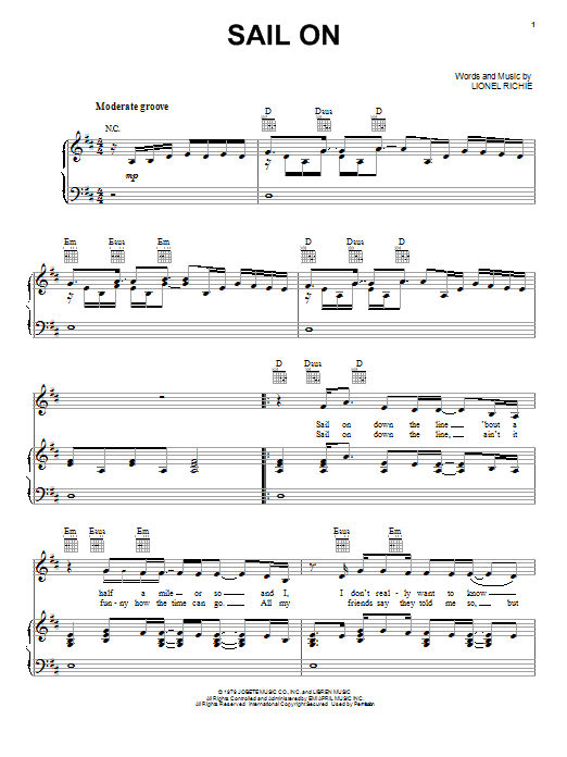 Lionel Richie Sail On sheet music notes and chords arranged for Piano, Vocal & Guitar Chords (Right-Hand Melody)