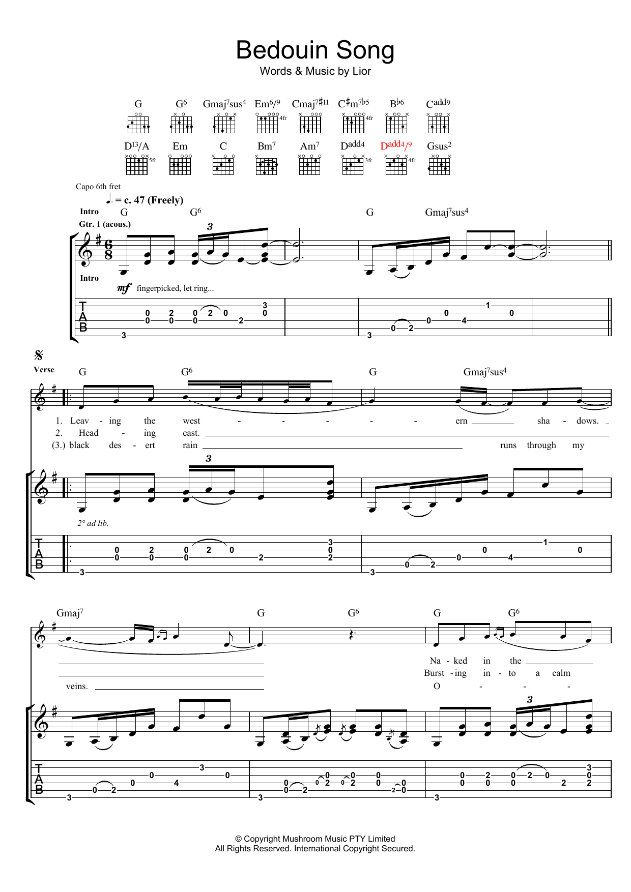 Lior Bedouin Song sheet music notes and chords arranged for Guitar Tab