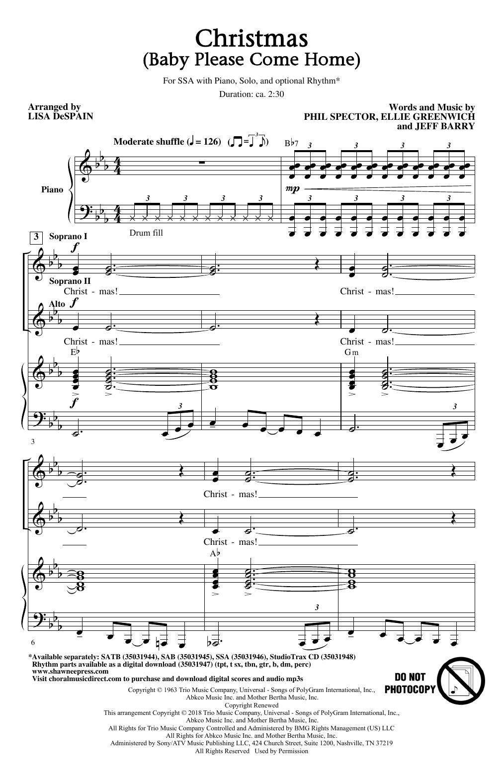 Lisa DeSpain Christmas (Baby Please Come Home) sheet music notes and chords arranged for SSA Choir