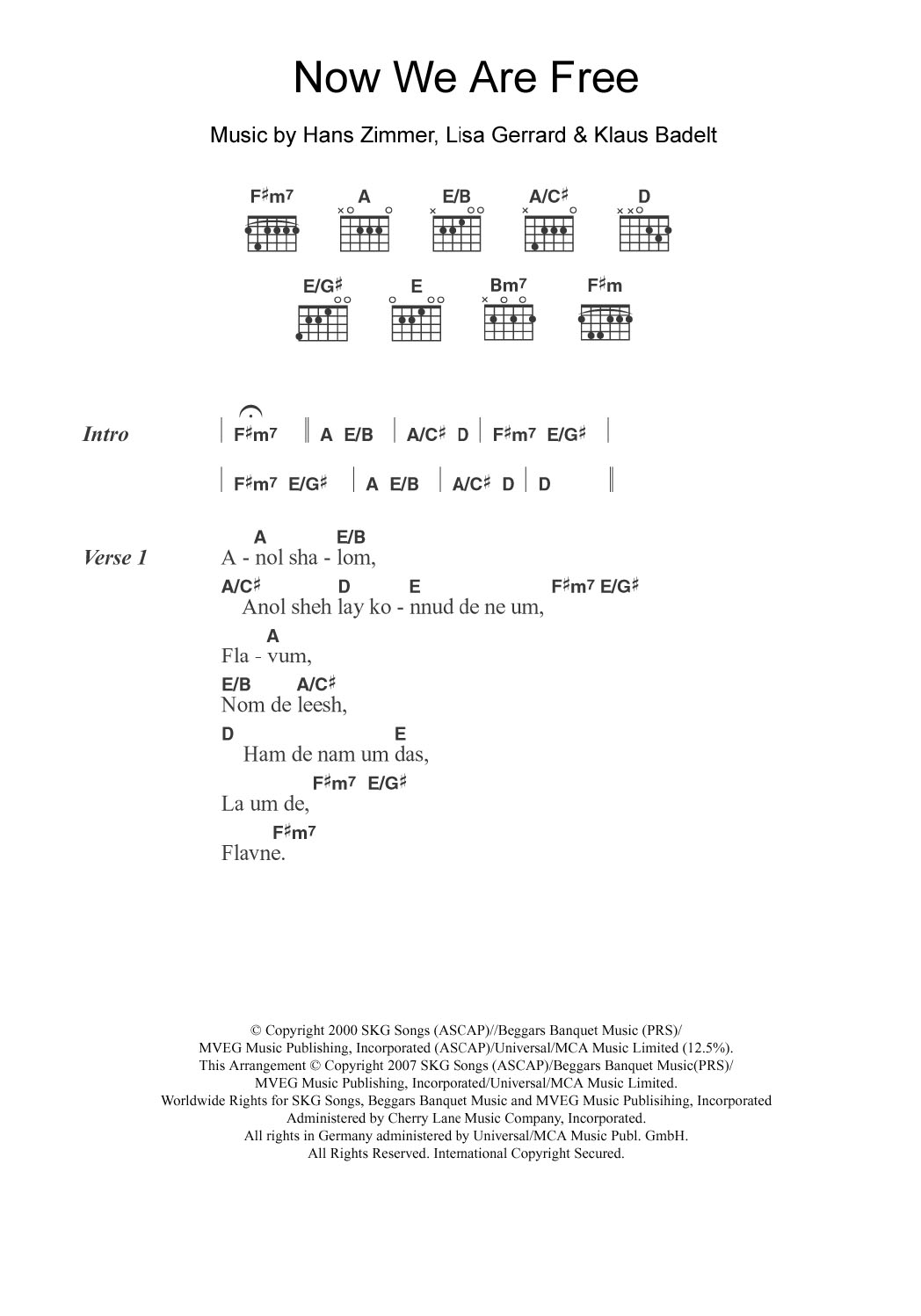 Lisa Gerrard Now We Are Free (from Gladiator) sheet music notes and chords arranged for Guitar Chords/Lyrics