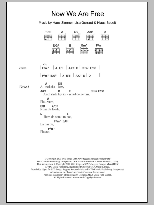 Lisa Gerrard Now We Are Free (from Gladiator) sheet music notes and chords arranged for Guitar Chords/Lyrics