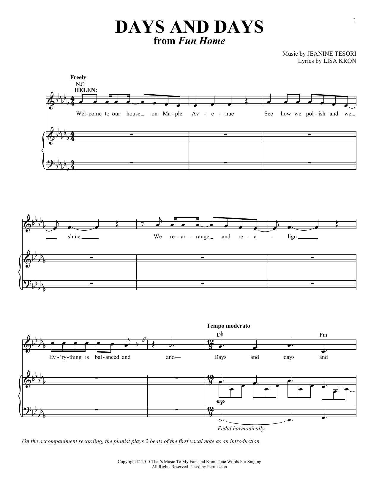 Lisa Kron & Jeanine Tesori Days And Days (from Fun Home) sheet music notes and chords arranged for Piano & Vocal