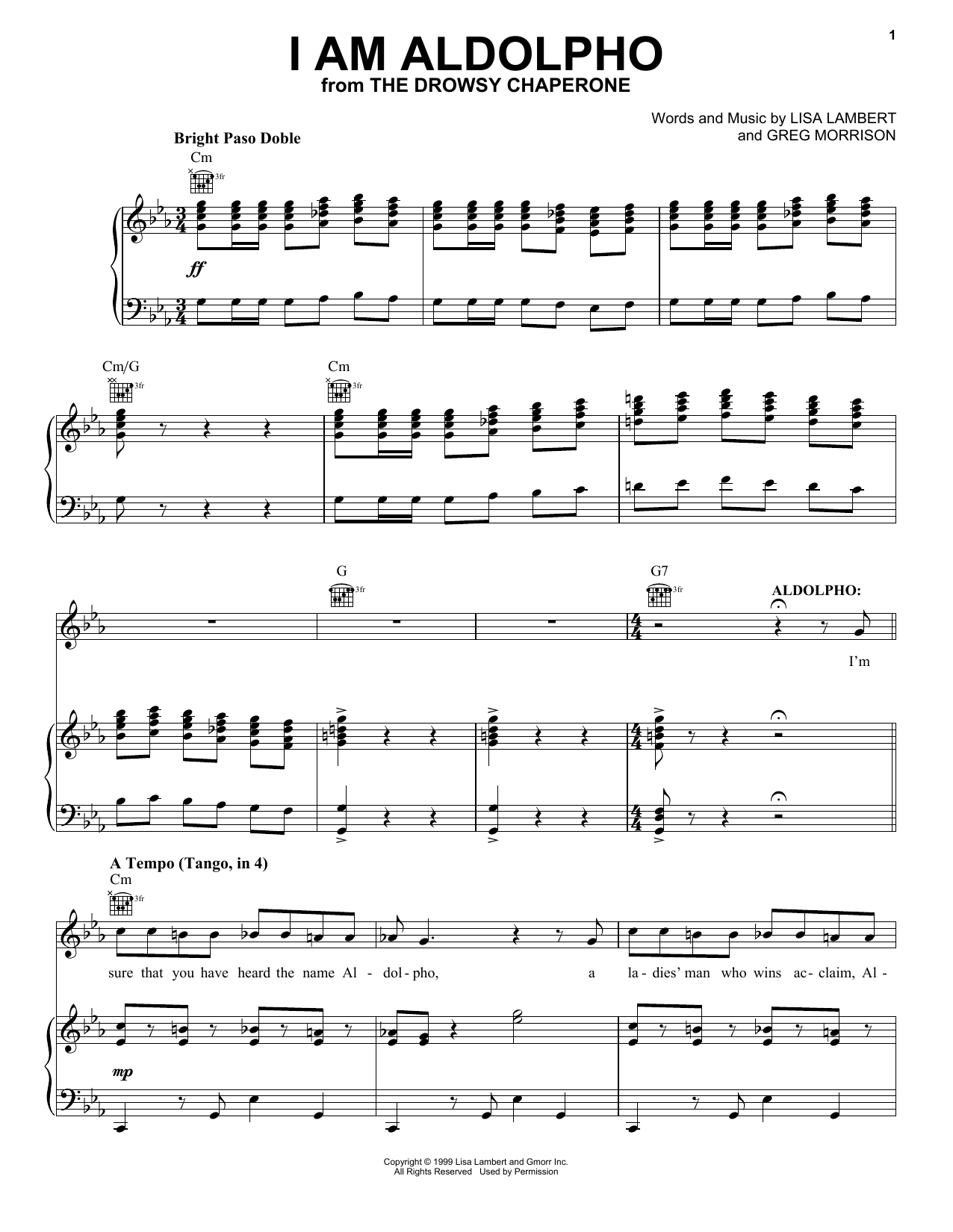 Lisa Lambert and Greg Morrison I Am Aldolpho (from The Drowsy Chaperone Musical) sheet music notes and chords arranged for Vocal Pro + Piano/Guitar