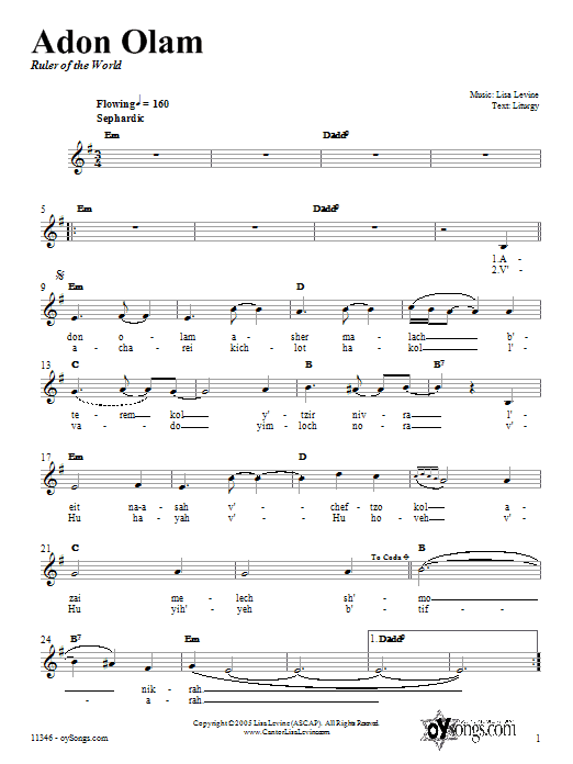 Lisa Levine Adon Olam sheet music notes and chords arranged for Piano, Vocal & Guitar Chords (Right-Hand Melody)