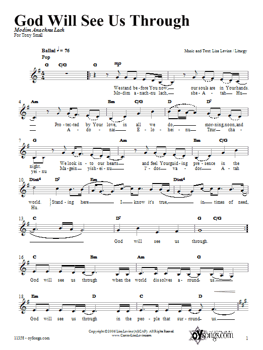 Lisa Levine God Will See Us Through sheet music notes and chords arranged for Piano, Vocal & Guitar Chords (Right-Hand Melody)