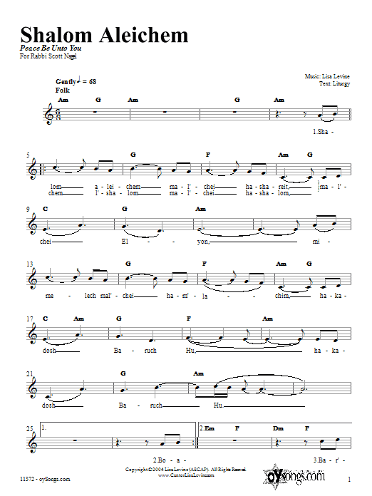 Lisa Levine Shalom Aleichem sheet music notes and chords arranged for Piano, Vocal & Guitar Chords (Right-Hand Melody)