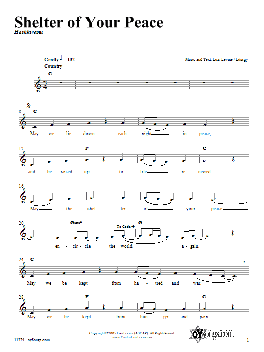 Lisa Levine Shelter of Your Peace sheet music notes and chords arranged for Piano, Vocal & Guitar Chords (Right-Hand Melody)