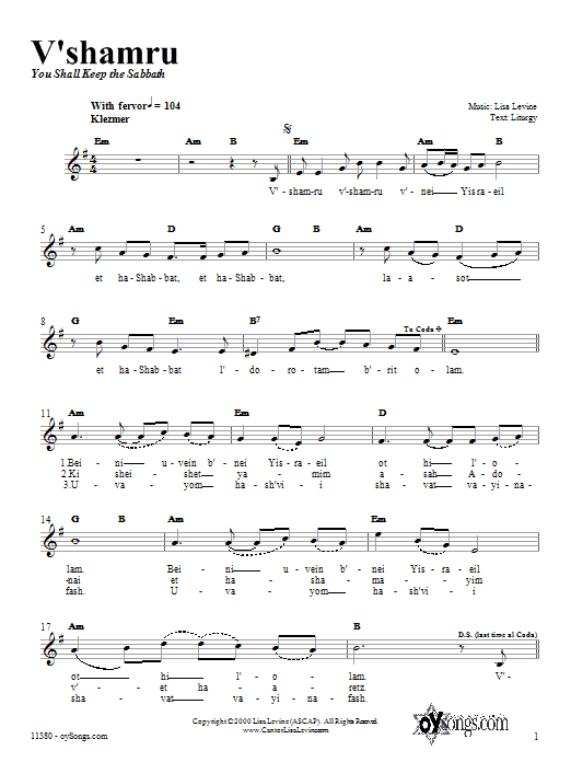 Lisa Levine V'shamru sheet music notes and chords arranged for Piano, Vocal & Guitar Chords (Right-Hand Melody)