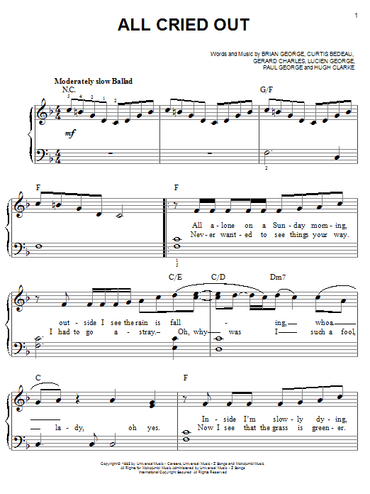 Lisa Lisa & Cult Jam All Cried Out sheet music notes and chords arranged for Easy Piano