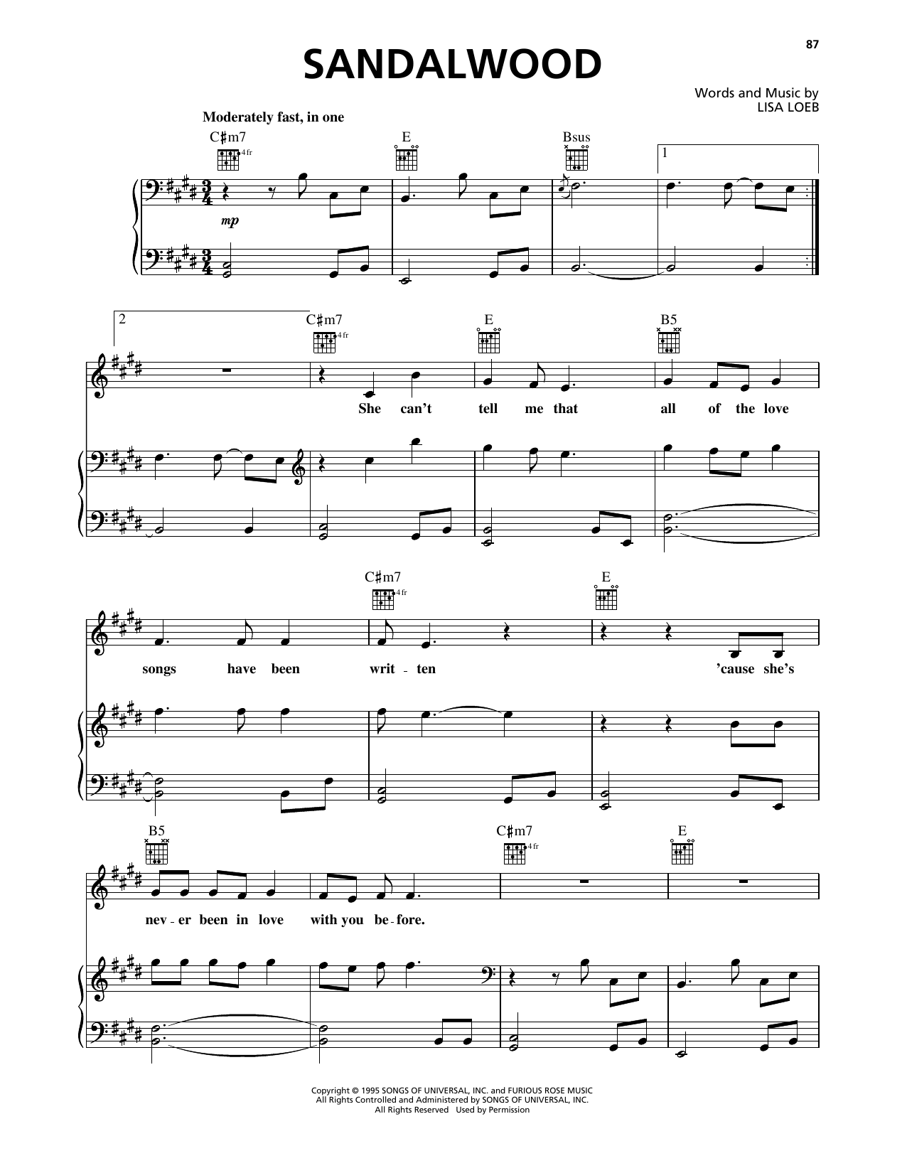 Lisa Loeb & Nine Stories Sandalwood sheet music notes and chords arranged for Piano, Vocal & Guitar Chords (Right-Hand Melody)
