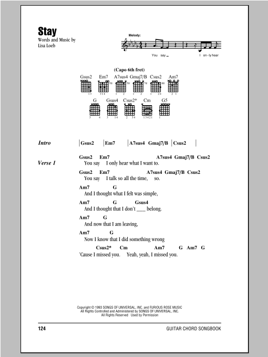 Lisa Loeb & Nine Stories Stay sheet music notes and chords arranged for Lead Sheet / Fake Book