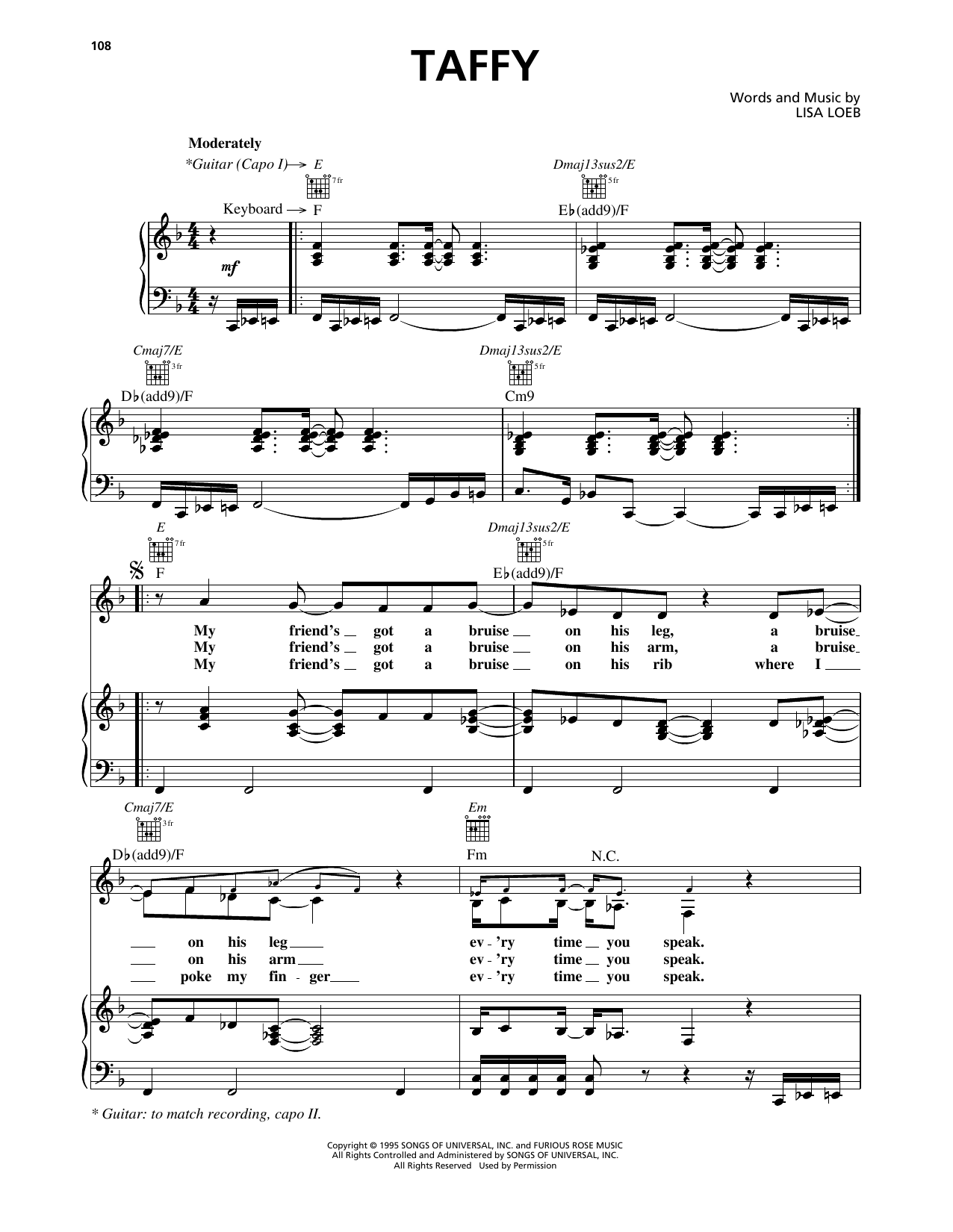 Lisa Loeb & Nine Stories Taffy sheet music notes and chords arranged for Piano, Vocal & Guitar Chords (Right-Hand Melody)