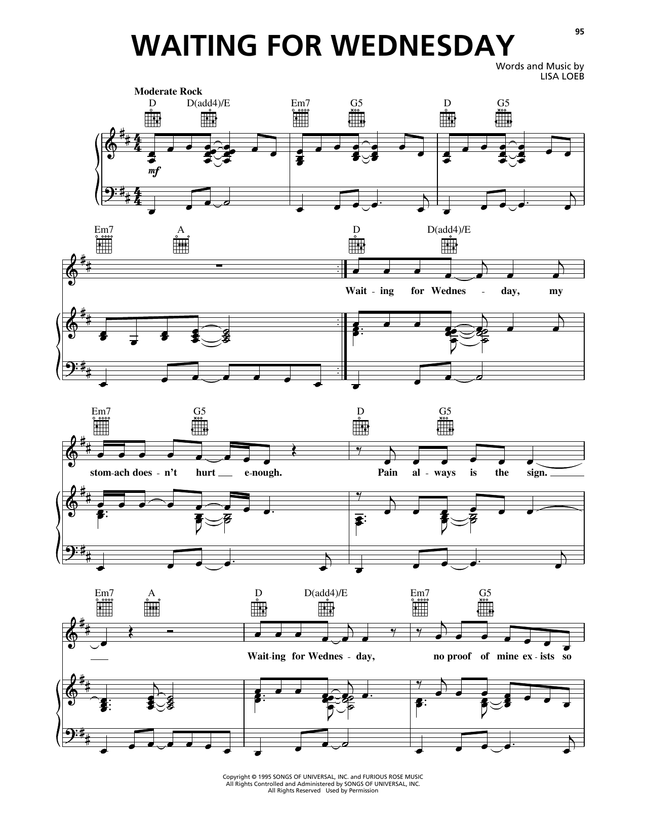 Lisa Loeb & Nine Stories Waiting For Wednesday sheet music notes and chords arranged for Piano, Vocal & Guitar Chords (Right-Hand Melody)