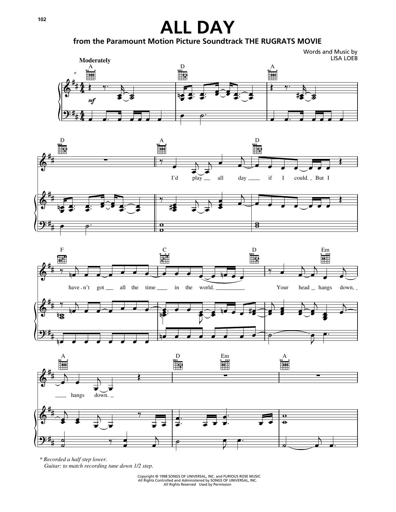 Lisa Loeb All Day (from The Rugrats Movie) sheet music notes and chords arranged for Piano, Vocal & Guitar Chords (Right-Hand Melody)