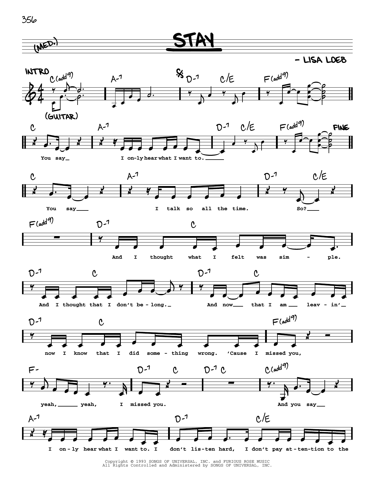Lisa Loeb & Nine Stories Stay sheet music notes and chords arranged for Real Book – Melody, Lyrics & Chords