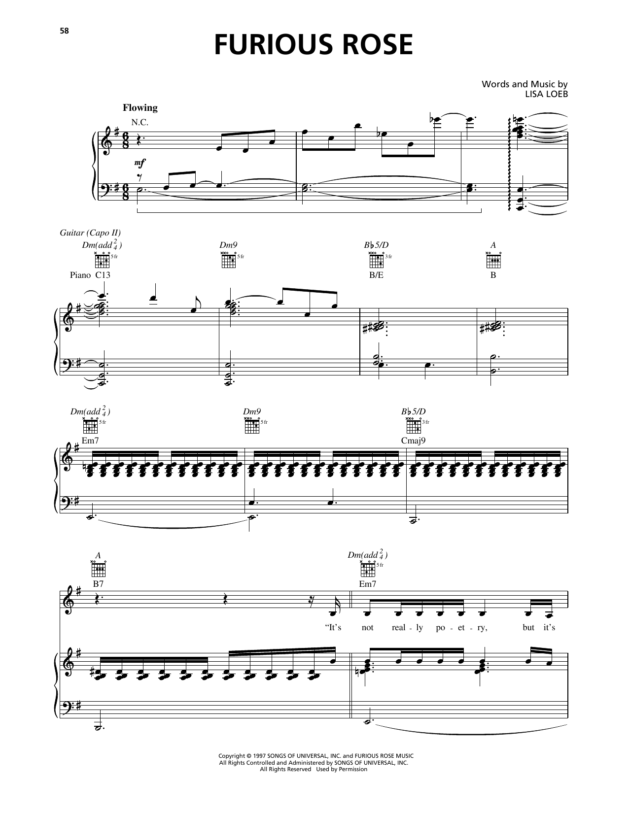Lisa Loeb Furious Rose sheet music notes and chords arranged for Piano, Vocal & Guitar Chords (Right-Hand Melody)