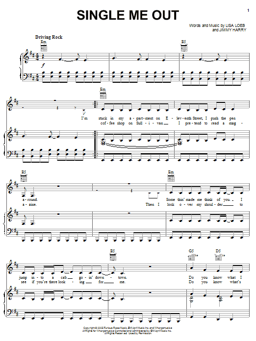 Lisa Loeb Single Me Out sheet music notes and chords arranged for Piano, Vocal & Guitar Chords (Right-Hand Melody)