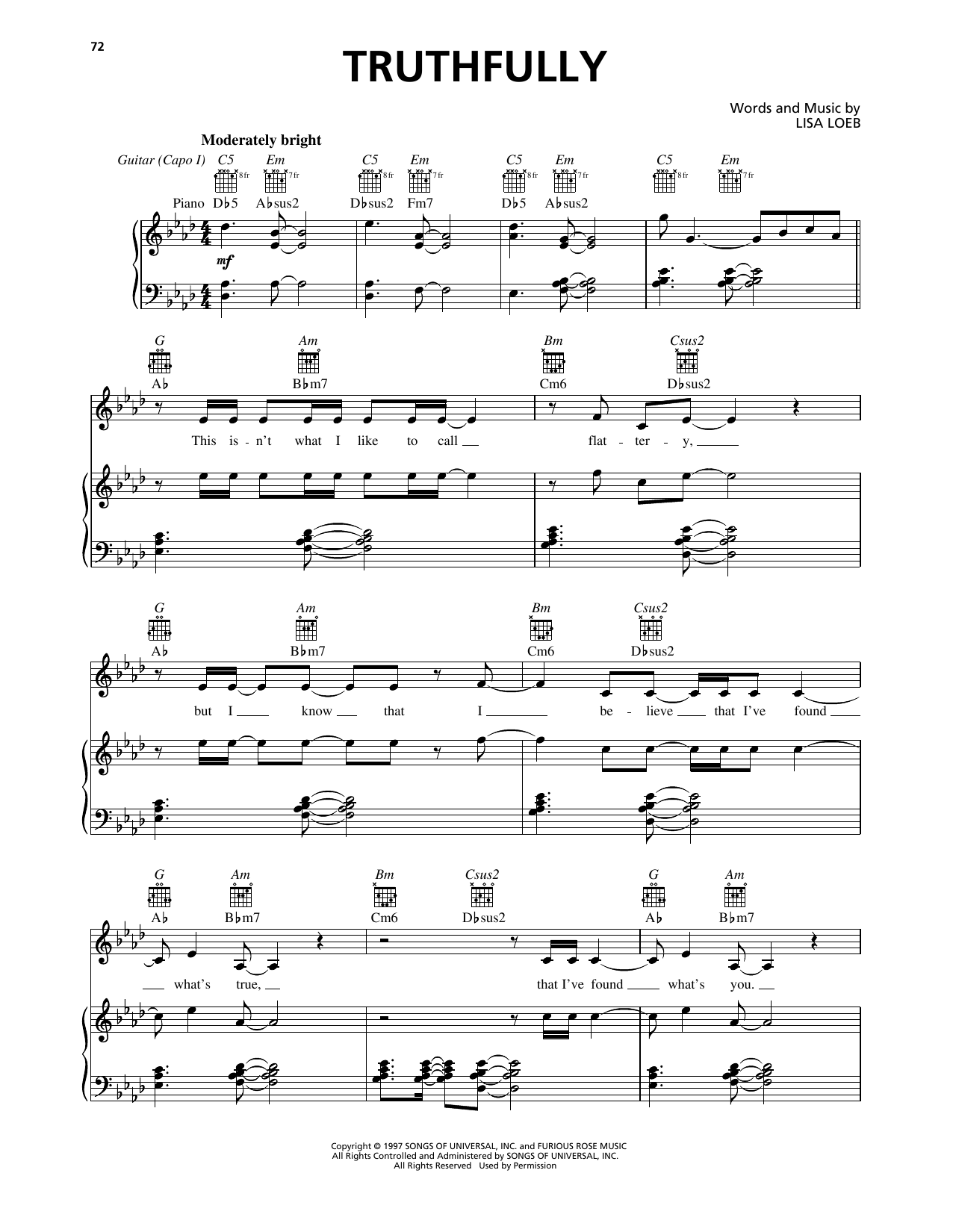 Lisa Loeb Truthfully sheet music notes and chords arranged for Piano, Vocal & Guitar Chords (Right-Hand Melody)