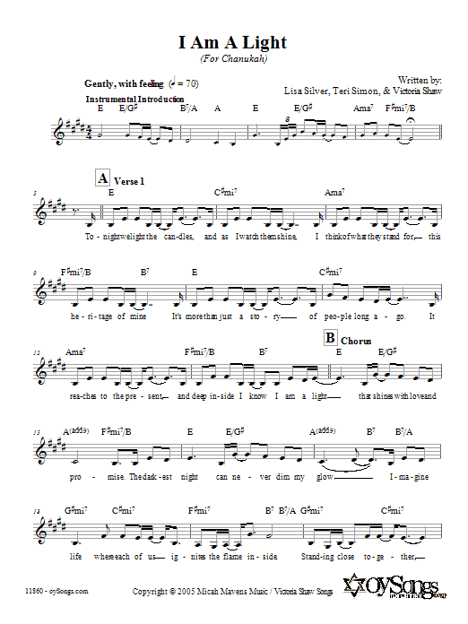 Lisa Silver I Am A Light (For Chanukah) sheet music notes and chords arranged for Lead Sheet / Fake Book