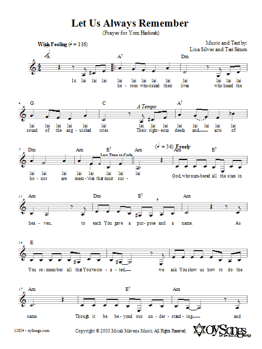 Lisa Silver Let Us Always Remember (Prayer for Yom HaShoah) sheet music notes and chords arranged for Lead Sheet / Fake Book