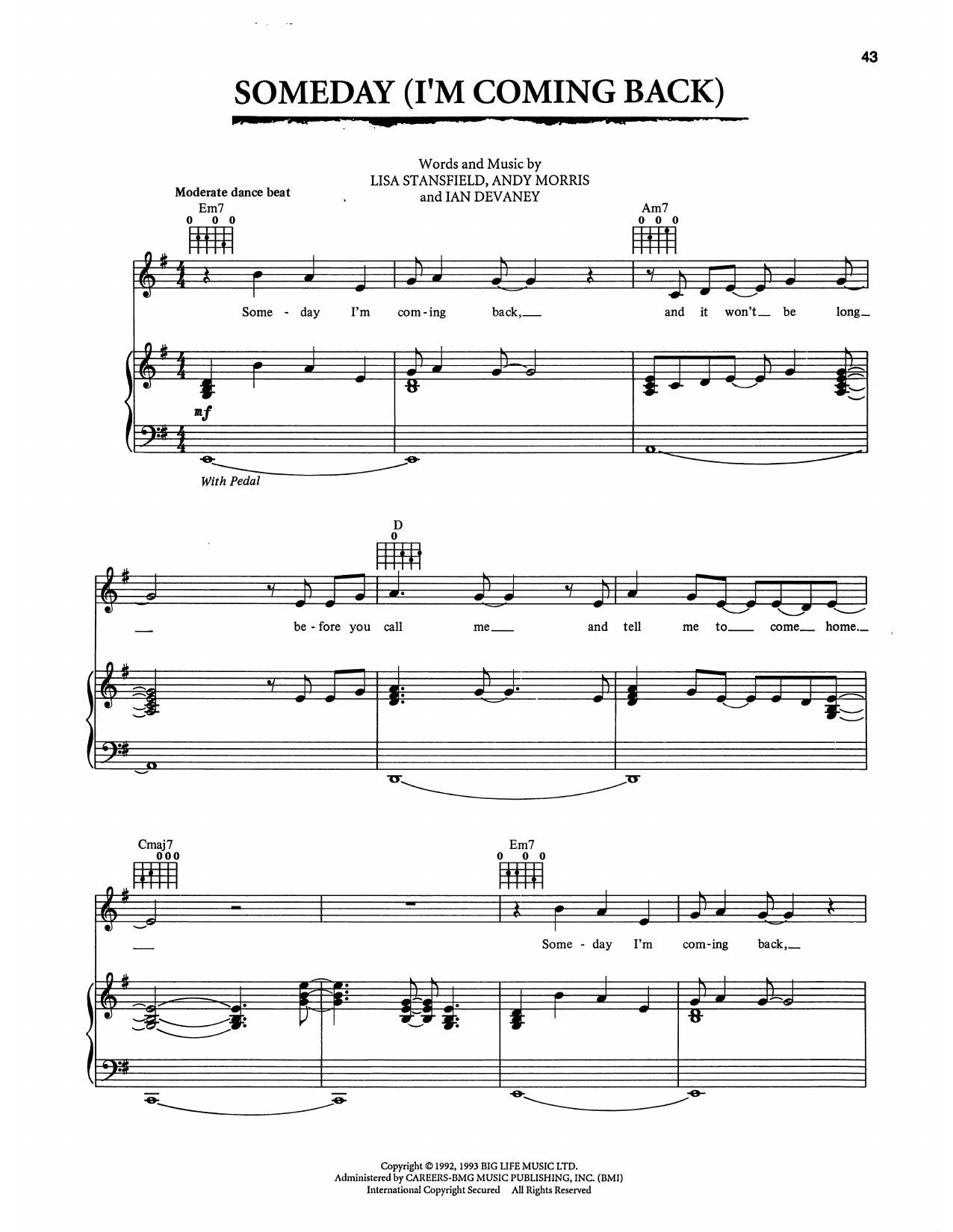 Lisa Stansfield Someday (I'm Coming Back) (from The Bodyguard) sheet music notes and chords arranged for Piano, Vocal & Guitar Chords (Right-Hand Melody)