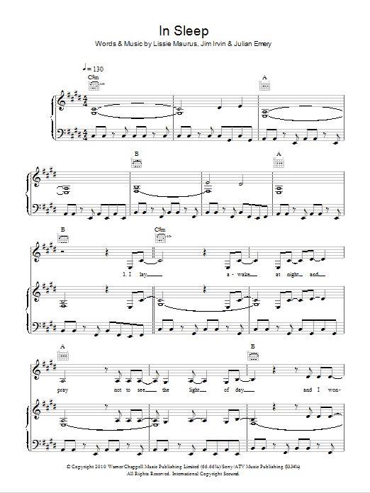 Lissie In Sleep sheet music notes and chords arranged for Piano, Vocal & Guitar Chords