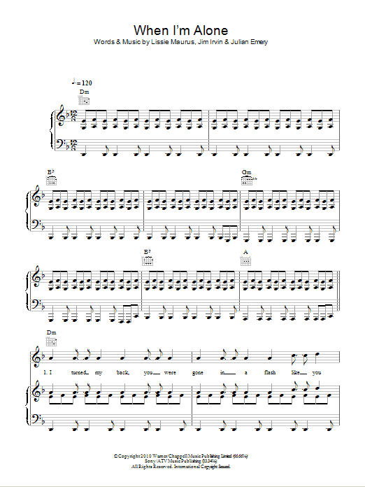 Lissie When I'm Alone sheet music notes and chords arranged for Piano, Vocal & Guitar Chords