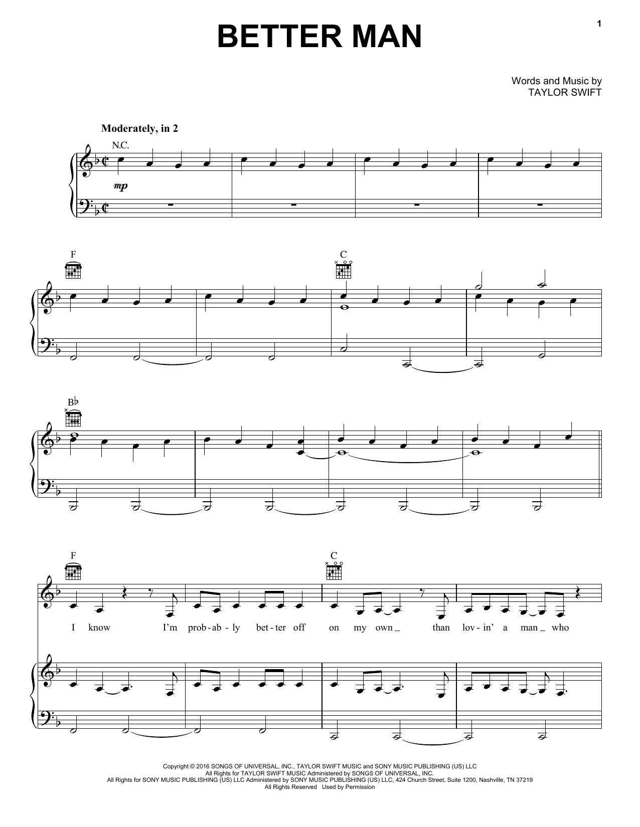 Little Big Town Better Man sheet music notes and chords arranged for Piano, Vocal & Guitar Chords (Right-Hand Melody)