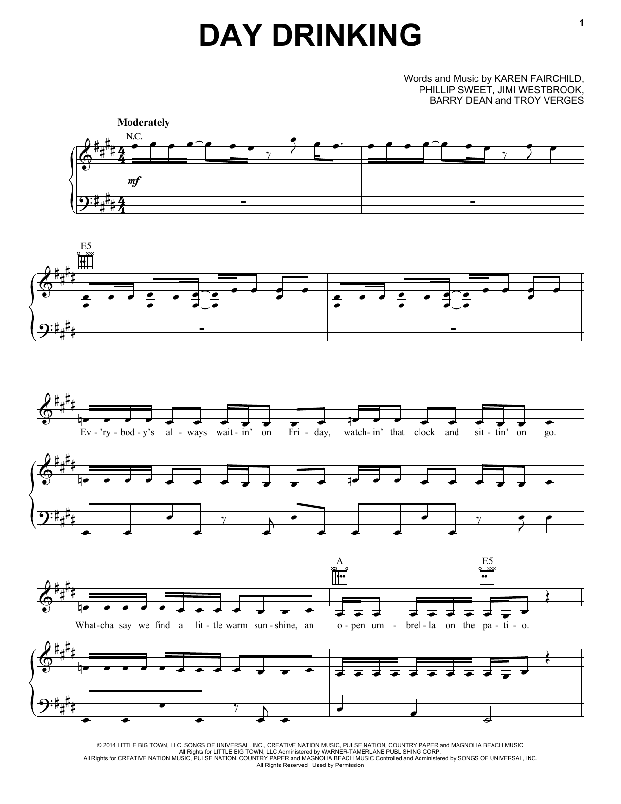 Little Big Town Day Drinking sheet music notes and chords arranged for Piano, Vocal & Guitar Chords (Right-Hand Melody)