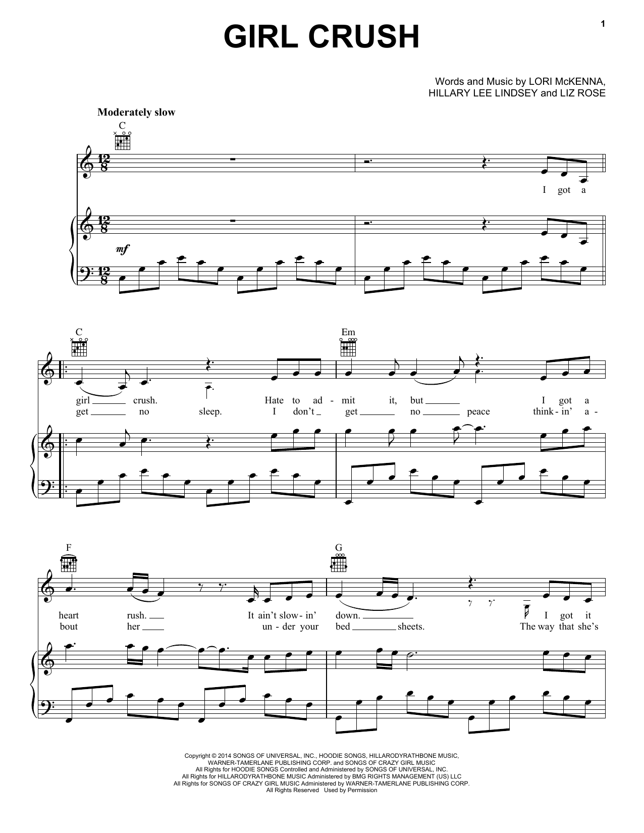 Little Big Town Girl Crush sheet music notes and chords arranged for Piano, Vocal & Guitar Chords (Right-Hand Melody)