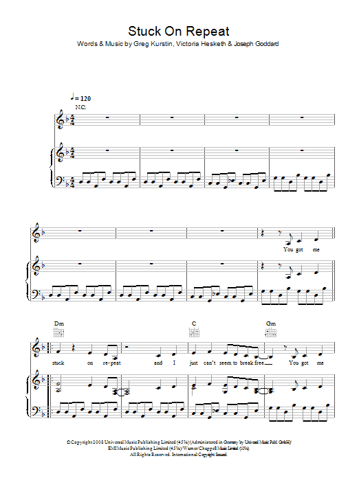 Little Boots Stuck On Repeat sheet music notes and chords arranged for Piano, Vocal & Guitar Chords