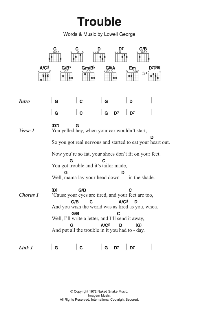 Little Feat Trouble sheet music notes and chords arranged for Guitar Chords/Lyrics