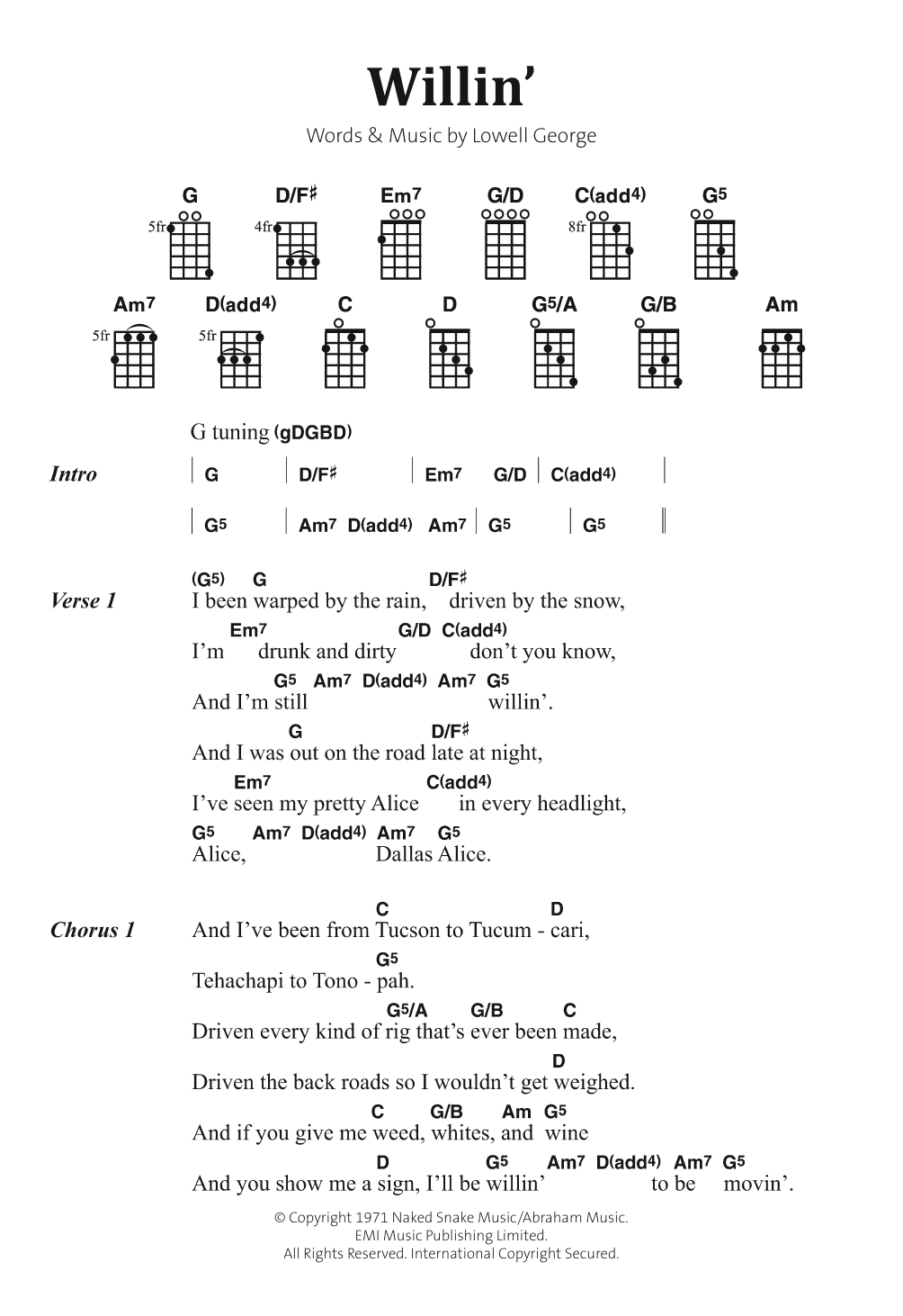 Little Feat Willin' sheet music notes and chords arranged for Guitar Chords/Lyrics
